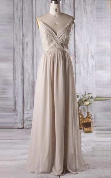 Spaghetti Chiffon Appliqued long Bridesmaid Dress With Low-V Back