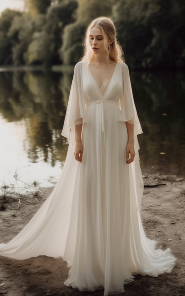 Plunged Poet Sleeve Empire Pleated Fairy V-neck Watteau Train Wedding Dress