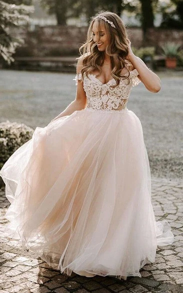 Off-the-shoulder Lace Tulle Applique Boho Sweep Train Wedding Dress