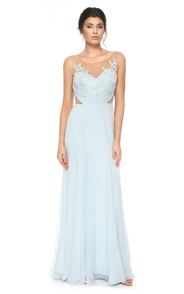 Scoop-neck Sleeveless Chiffon Long Dress With Appliques And Low-V Back