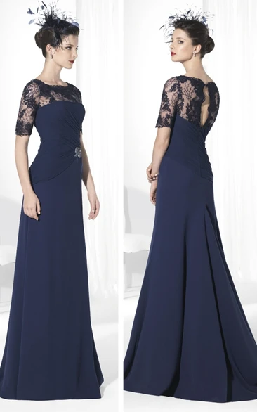 Sheath Bateau Short Sleeve Floor-length Chiffon Mother Of The Bride Dress with Keyhole and Ruching