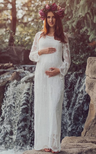 Country Scoop Long Sleeve Lace Pleated Ruffled Maternity Wedding Dress
