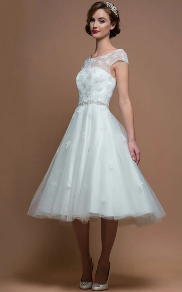 A-line Tea-length Cap Tulle Satin Wedding Dress With Appliques And Embellished Waist 