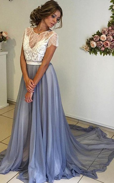 Jewel Chiffon Lace Short Sleeve Court Train Lace Pleats Sash Ribbon Dress