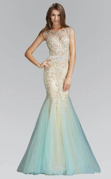 Mermaid/Trumpet Scoop Sleeveless Sweep Train Tulle Prom Dress with Illusion and Beading