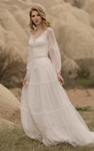 Two-in-one Long Sleeve V-neck Chiffon A-line Country Summer Wedding Dress
