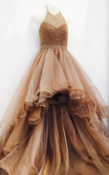 Champagne Sleeveless High-low Tulle Ruffled Prom Dress with Beadings