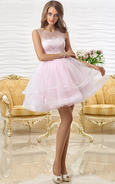 A Scoop-Neck Sleeveless Tiered Line Lace Mini Short Mini Dress