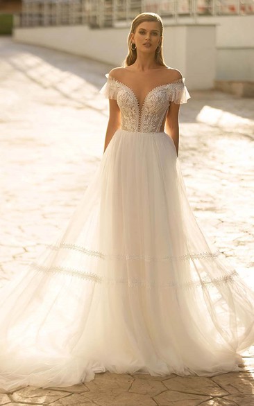 Modern Lace A Line V-neck Court Train Wedding Dress with Appliques