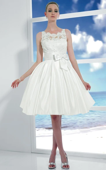 Scoop-neck Sleeveless short A-line Satin Dress With Appliques And bow