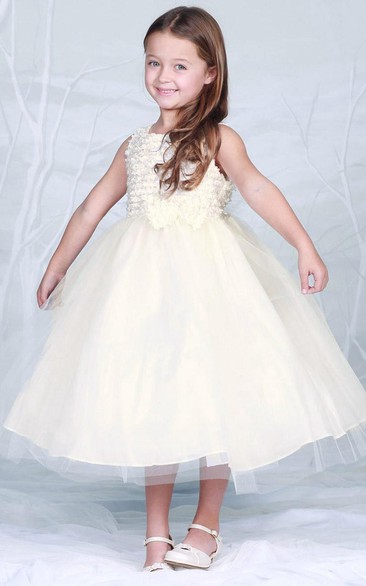 Layered Bowknot Tea-Length Tulle Flower Girl Dress
