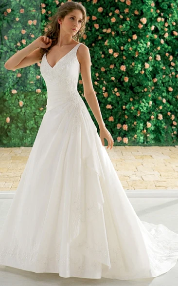 A-line V-neck Sleeveless Floor-length Taffeta Wedding Dress with Low-V Back and Buttons