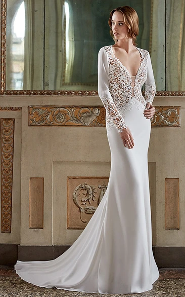 Sheath V-neck Long Sleeve Floor-length Chiffon Wedding Dress with Illusion and Waist Jewellery
