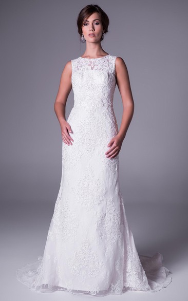 A-line Scoop Sleeveless Floor-length Lace Wedding Dress with Illusion and Appliques