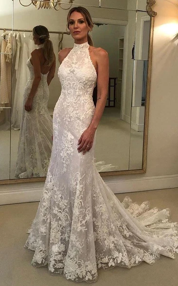 Lace High-neck Sleeveless Elegant Wedding Dress with Low-v Back