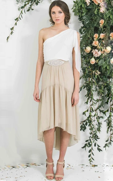 A Line One-shoulder Sleeveless High-low Chiffon Bridesmaid Dress with Ruching