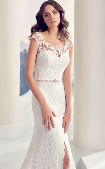 Scoop-neck Cap-sleeve Sheath Lace Wedding Dress With Split Front And ...