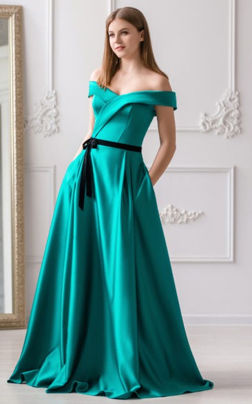 Modern Satin Off-the-shoulder A Line Short Sleeve Floor-length Prom Formal Dress with Ribbon