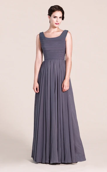 A-Line Ruched Scoop-Neck Sleeveless Long Gown