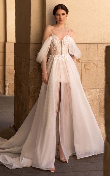 Simple A Line Off-the-shoulder Floor-length Half Sleeve Tulle Wedding Dress with Appliques