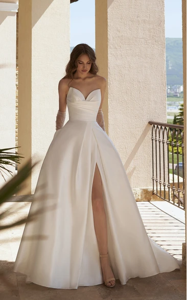 Elegant A Line Front-Slit Sheer Satin Wedding Dress
