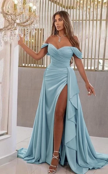 Chiffon Off-the-shoulder Ruched Front Split Prom Dress with Draping