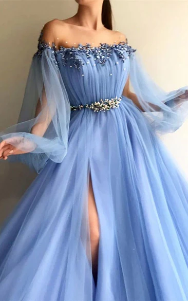 Off-the-shoulder Beaded Front Split Ruched Blue Puff-long-sleeve Prom Dress