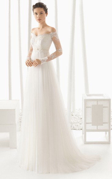 Off-the-shoulder Lace Long Sleeve Tulle Wedding Dress With Illusion