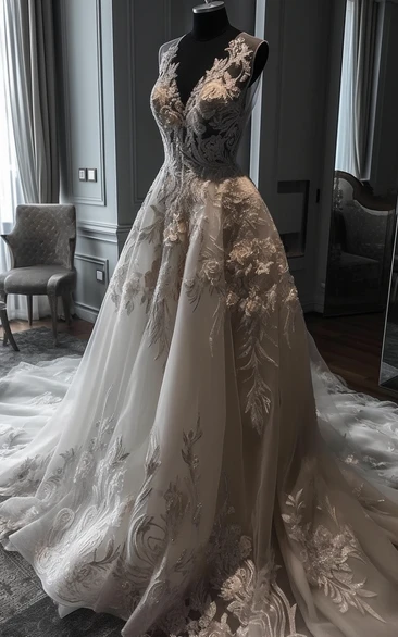 V-neck Applique Lace A-line Empire Luxury Wedding Dress