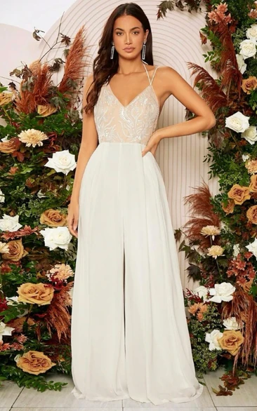 Ethereal Empire Waist Wide Leg Spaghetti Straps Open Back Bridal Jumpsuit with Appliques
