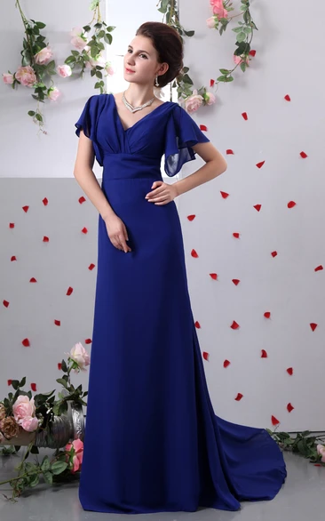 Pleated Sweep Train Caped V-Neckline-Sleeve Column Gown