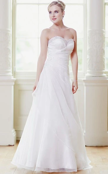 A-line Sweetheart Sleeveless Floor-length Satin/Tulle Wedding Dress with Corset Back and Side Draping