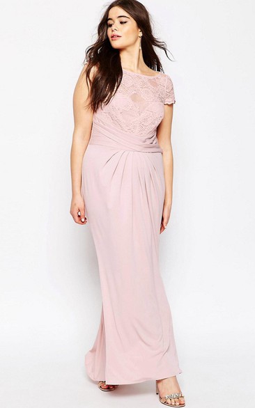 Scoop-neck Short Sleeve Chiffon Pencil Long Dress With Lace