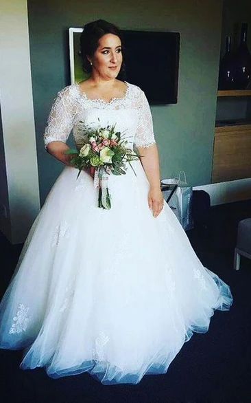 Jewel Lace Tulle Illusion Half Sleeve Wedding Gown