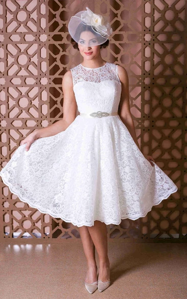 Jewel-Neck Sleeveless Lace short A-line Wedding Dress 