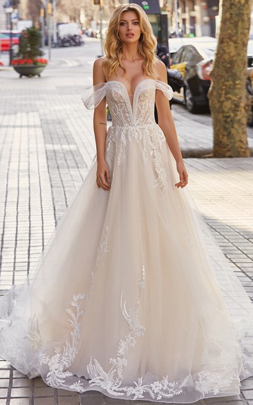 Godness Tulle A-line Ball Gown Off-the-shoulder Lace Applique Corset Back Wedding Dress
