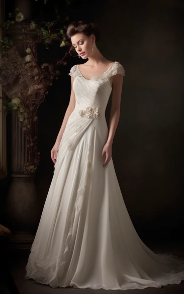 V-neck Cap Ruched Empire Chiffon Wedding Dress with Flowers