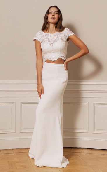 Simple Scalloped Two Piece Chiffon Lace Floor-length Button Wedding Dress