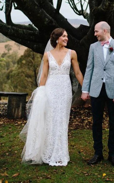 Simple Sheer Lace Sheath Sleeveless Low-v Back Wedding Dress with Court Train