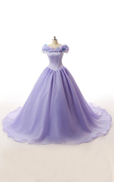Long Ruffled Lace-Up Organza Lace Satin Ball Gown