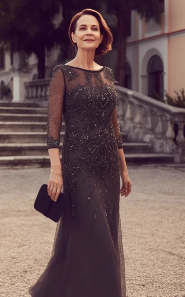 Bateau-neck Sheath Sequin Illusion 3-4-sleeve Mother of Bride Dress