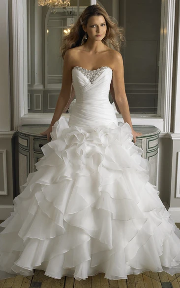 A-line Sweetheart Sleeveless Floor-length Organza Wedding Dress with Corset Back and Cascading Ruffles