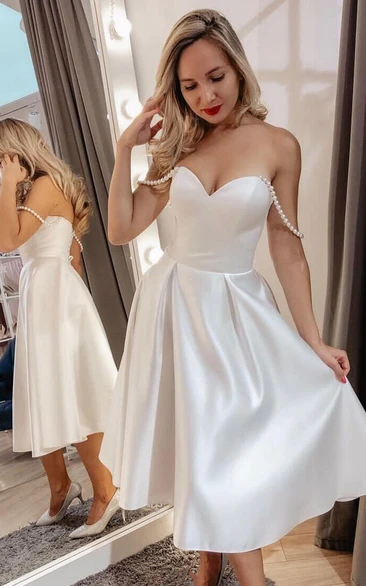 Sweetheart Empire Short A-line Tea-length Solid Satin Wedding Dress