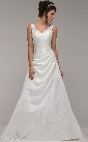 A-line V-neck Sleeveless Floor-length Stretched Satin Wedding Dress with Corset Back and Side Draping