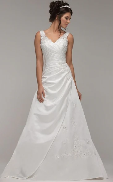 A-line V-neck Sleeveless Floor-length Stretched Satin Wedding Dress with Corset Back and Side Draping