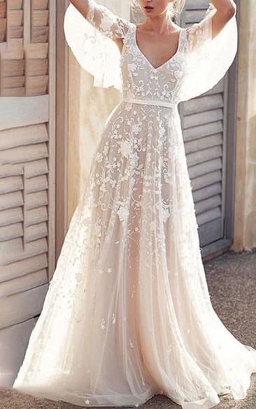 V-neck Cape Empire Pleated Tulle Lace Applique Wedding Dress