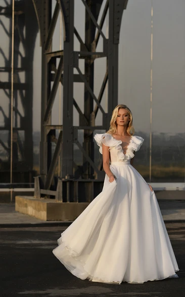 Modern Plunged Petal Sleeve Chiffon Tulle Wedding Dress