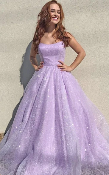 Purple Strapless A-line Sequin Tulle Prom Dress