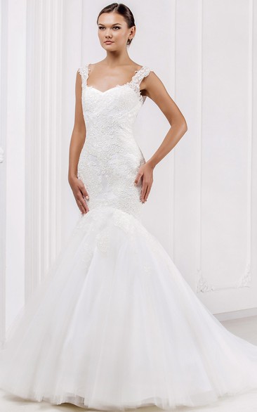 Mermaid/Trumpet Queen Anne Sleeveless Floor-length Tulle/Lace Wedding Dress with Illusion and Appliques