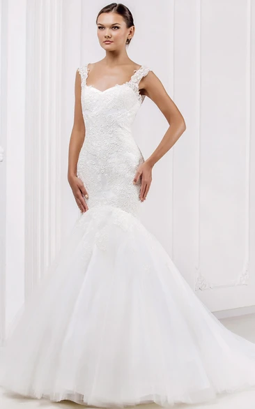 Mermaid/Trumpet Queen Anne Sleeveless Floor-length Tulle/Lace Wedding Dress with Illusion and Appliques